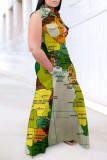 Green Casual Print Patchwork Shirt Collar Long Dress Dresses