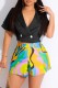 Black Casual Print Patchwork Turndown Collar Short Sleeve Two Pieces