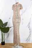 Champagne Sexy Patchwork Sequins Slit Turndown Collar Short Sleeve Dress Dresses