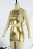 Gold Sexy Solid Bandage O Neck Sleeveless Two Pieces