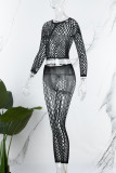 Black Sexy Solid Hollowed Out See-through O Neck Long Sleeve Two Pieces