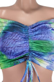 Royal Blue Casual Print Tie Dye Patchwork Draw String Off the Shoulder Short Sleeve Two Pieces