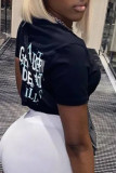Black Casual Print Letter O Neck T-Shirts