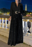 White Elegant Solid Sequins Patchwork V Neck Long Sleeve Two Pieces(Without Belt)