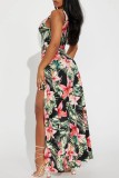 Green Sexy Casual Print Patchwork Slit V Neck Skinny Rompers