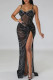 Black Sexy Solid Patchwork See-through Slit Hot Drill Spaghetti Strap Sling Dress Dresses