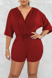 Rose Red Casual Solid Patchwork V Neck Straight Rompers
