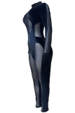 Blue Sexy Patchwork Mesh Half A Turtleneck Skinny Jumpsuits