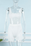 White Sexy Solid Hollowed Out Patchwork U Neck Sleeveless Two Pieces