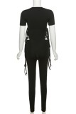 Black Casual Solid Asymmetrical O Neck Short Sleeve Two Pieces