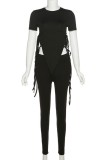 Black Casual Solid Asymmetrical O Neck Short Sleeve Two Pieces