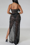 Black Sexy Solid Patchwork See-through Slit Hot Drill Spaghetti Strap Sling Dress Dresses