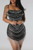 Black Sexy Solid Patchwork See-through Hot Drill Spaghetti Strap Sling Dress Dresses