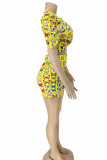 Yellow Casual Print Patchwork With Belt O Neck Short Sleeve Two Pieces(Without Belt)