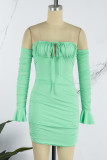 Green Sexy Solid Backless Fold Off the Shoulder Long Sleeve Dresses