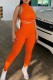 Orange Casual Sportswear Solid Hollowed Out Patchwork Turtleneck Sleeveless Two Pieces