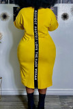 Yellow Casual Print Patchwork Slit O Neck Straight Plus Size Dresses