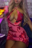 Rose Red Sexy Print Backless Spaghetti Strap Sleeveless Dress Dresses