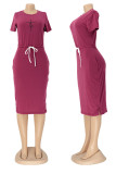 Fuchsia Casual Print Patchwork O Neck T-shirt Dress Dresses