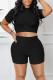 Black Casual Solid Patchwork Zipper Collar Short Sleeve Two Pieces