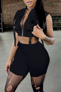 Black Sexy Solid Patchwork Zipper Mandarin Collar Sleeveless Two Pieces