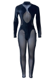 Blue Sexy Patchwork Mesh Half A Turtleneck Skinny Jumpsuits