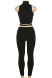 Black Casual Sportswear Solid Hollowed Out Patchwork Turtleneck Sleeveless Two Pieces