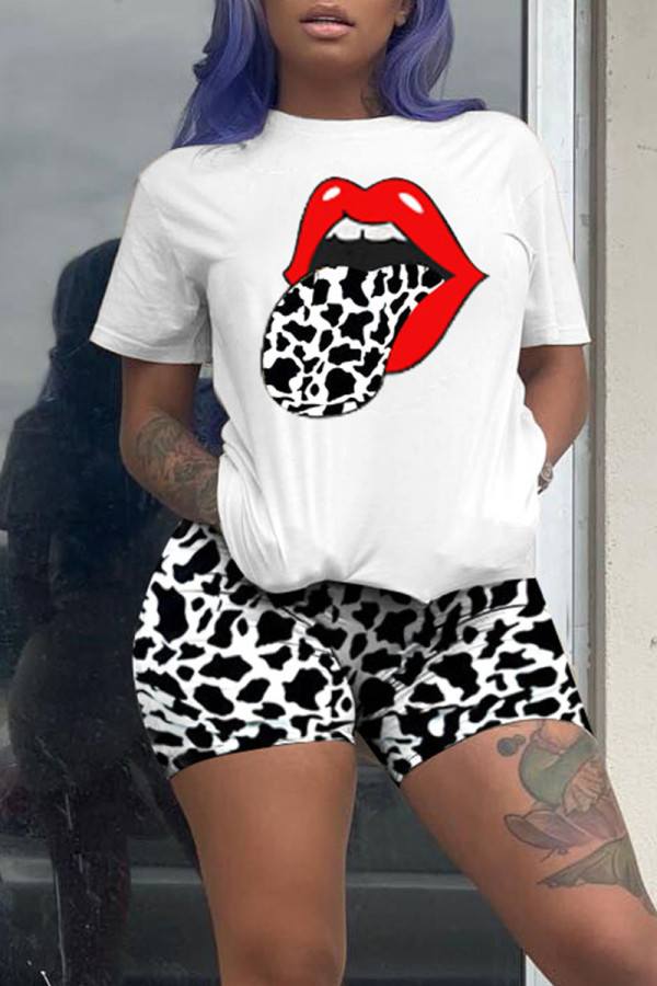 Black White Casual Print Camouflage Print Patchwork O Neck Short Sleeve Two Pieces