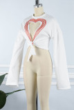 White Street Print Bandage Hollowed Out Patchwork O Neck Tops