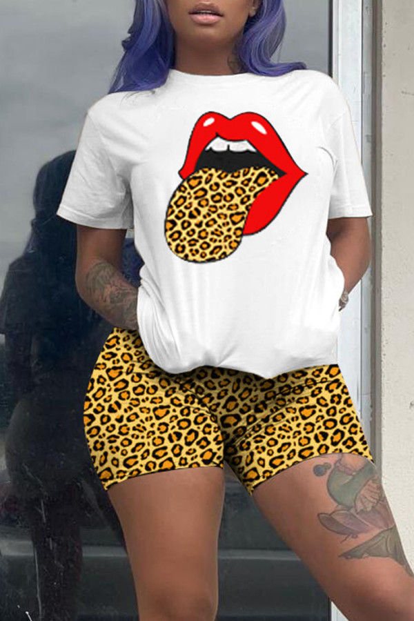 Leopard Print Casual Print Camouflage Print Patchwork O Neck Short Sleeve Two Pieces