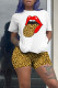 Leopard Print Casual Print Camouflage Print Patchwork O Neck Short Sleeve Two Pieces