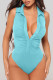 Blue Sexy Solid Patchwork Buckle Fold Turndown Collar Skinny Bodysuits