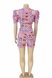 Pink Casual Print Patchwork With Belt O Neck Short Sleeve Two Pieces(Without Belt)