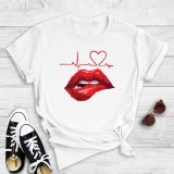 White Casual Lips Printed Basic O Neck T-Shirts