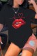 Black Casual Lips Printed Basic O Neck T-Shirts