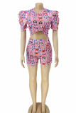 Yellow Casual Print Patchwork With Belt O Neck Short Sleeve Two Pieces(Without Belt)