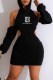 Black Sexy Print Backless Letter Hooded Collar Pencil Skirt Dresses