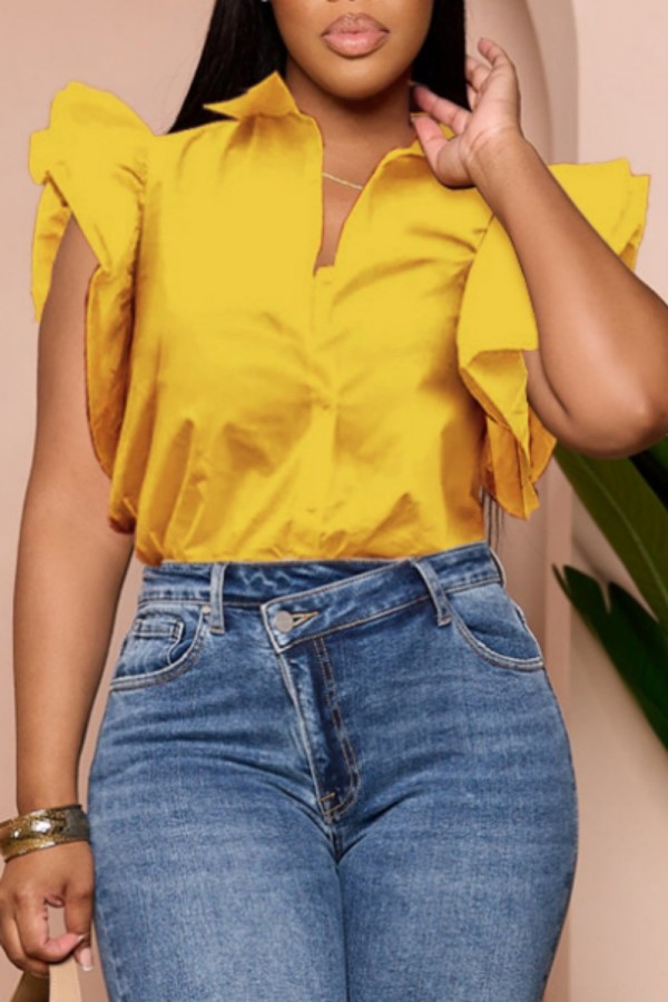 Yellow Casual Solid Patchwork Shirt Collar Tops