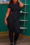 Black Casual Solid Asymmetrical O Neck Short Sleeve Two Pieces