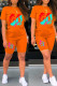Tangerine Red Casual Print Basic O Neck Short Sleeve Two Pieces