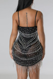 Black Sexy Solid Patchwork See-through Hot Drill Spaghetti Strap Sling Dress Dresses