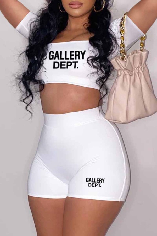 White Casual Street Print Letter U Neck Short Sleeve Two Pieces