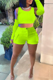 Fluorescent Green Casual Solid Basic O Neck Four Piece Set (With Sleeves)