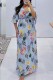Light Blue Casual Daily Print Patchwork V Neck Long Dress Dresses