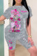 Grey Casual Print Basic O Neck Short Sleeve Two Pieces