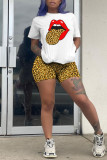 Leopard Print Casual Print Camouflage Print Patchwork O Neck Short Sleeve Two Pieces