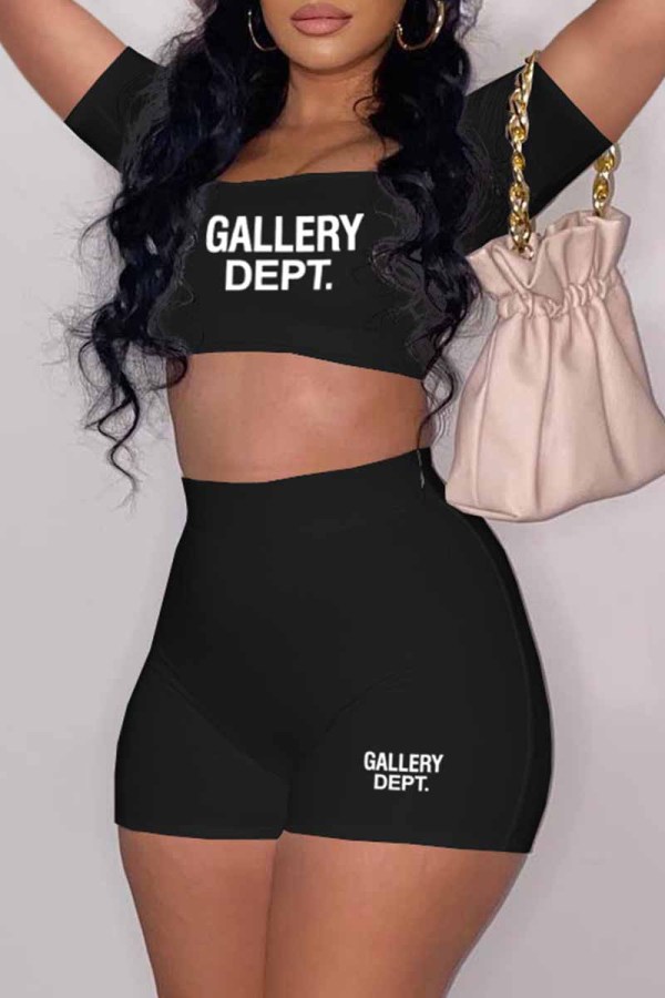 Black Casual Street Print Letter U Neck Short Sleeve Two Pieces