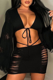 Black Sexy Solid Tassel Bandage Hollowed Out Patchwork V Neck Long Sleeve Two Pieces