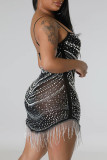 Black Sexy Solid Patchwork See-through Hot Drill Spaghetti Strap Sling Dress Dresses