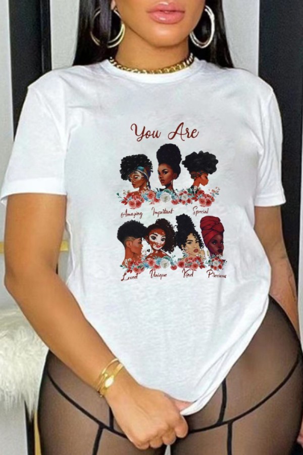 White Casual Print Basic O Neck T-Shirts